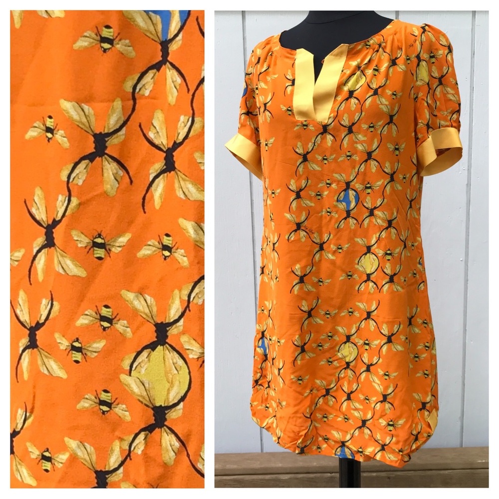 Key Leaf London/Palm Beach Bumblebees 100% Silk Santo Domingo Puff Sleeve Dress